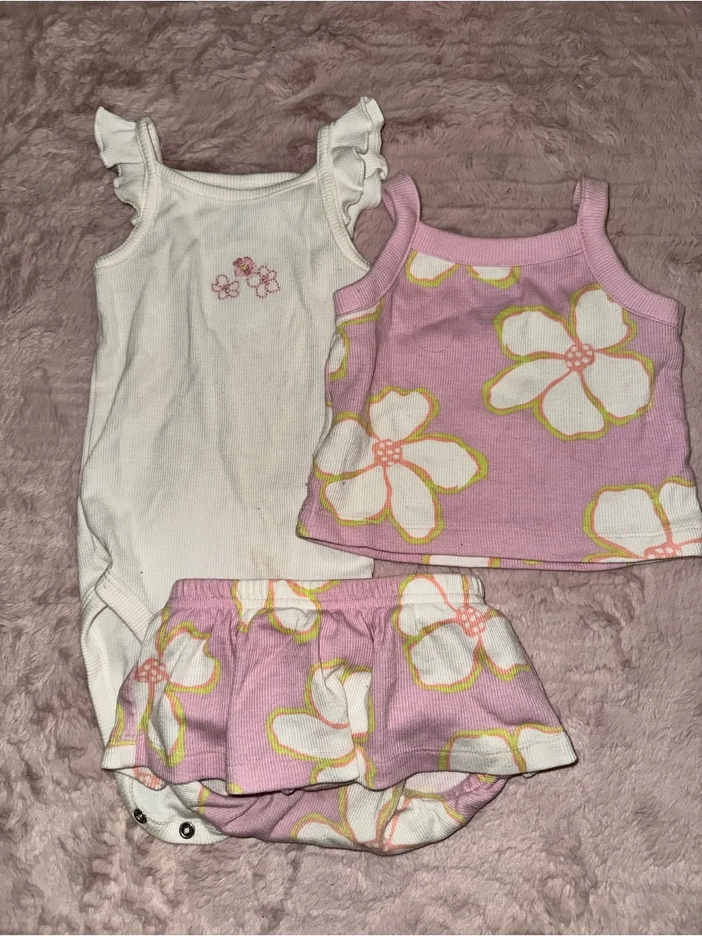 Carter's Pink Floral Tank Top, Skirted Bloomers & White Ruffle Bodysuit Set